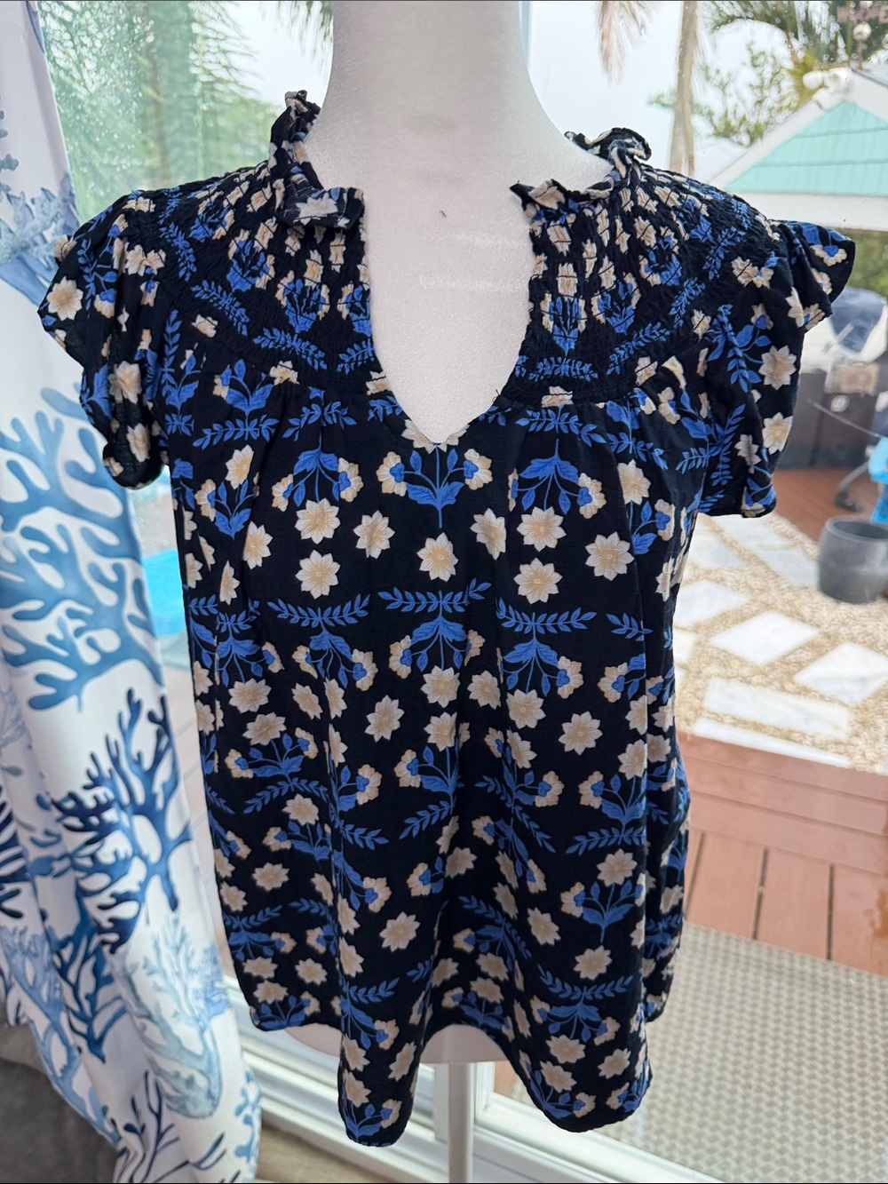 Ann Taylor Navy Blue Floral Smocked-Neck Blouse